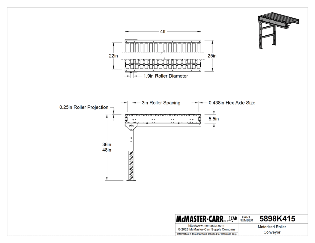 Technical Drawing of Motorized Roller Conveyor, Extension, 4 Feet Long, 25" Overall Width.